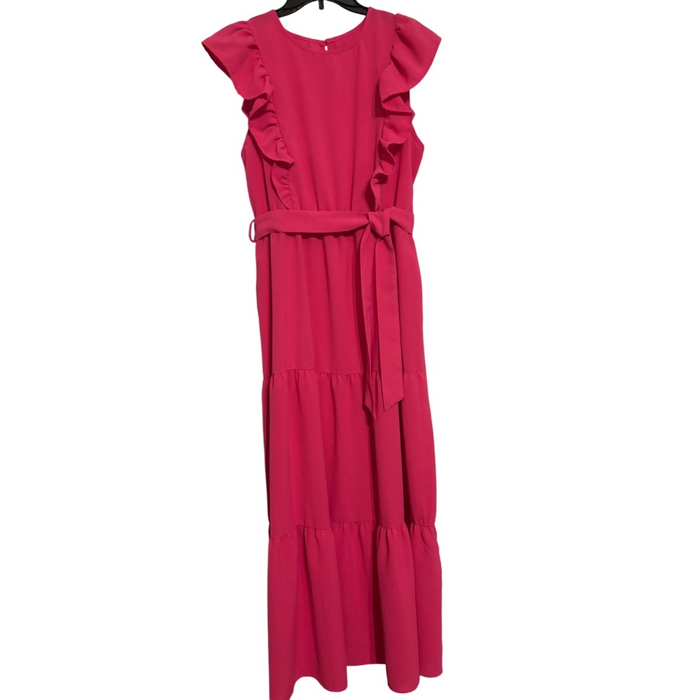 Gomorn Pink Maxi Dress‎ Ruffle Sleeves Tie Waist Tiered Women's XL